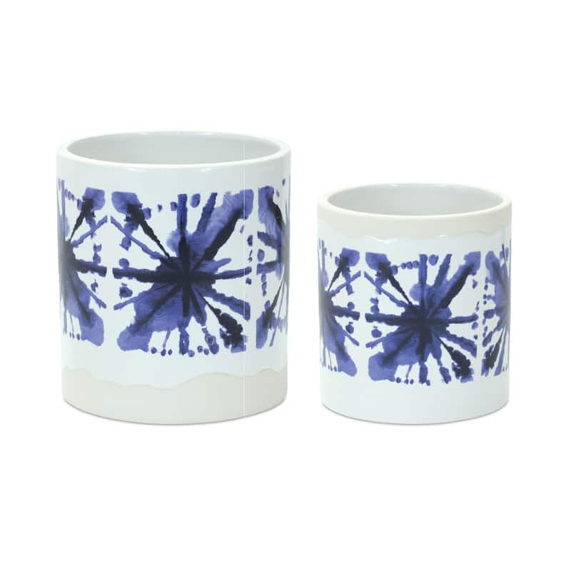 HomeRoots Set of Two White And Blue Ceramic 5 Ounce Abstract Round Pot Planters - 5.50 in. x 6.00 in. x 5.50 in.