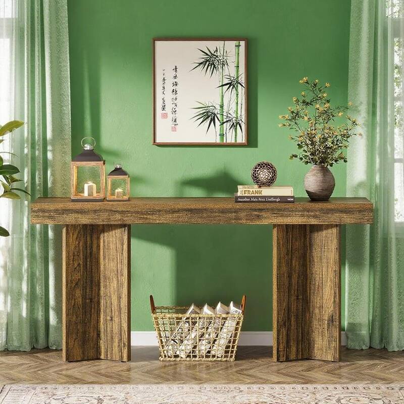 Brown Rustic Console Table 63 Inch Wood Entryway Hallway Living Room Sofa Table with Sturdy Legs and Foot Pads