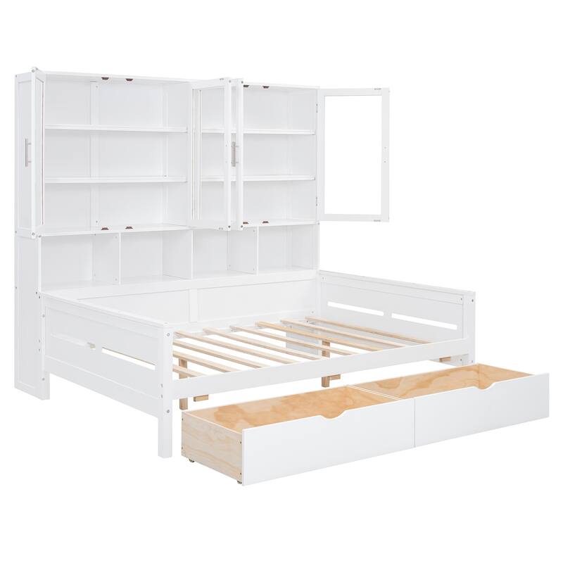Full Size Solid Wood Storage Bed Frame with 2 Big Drawers Full Size Daybed with Glass-Door Storage Cabinets