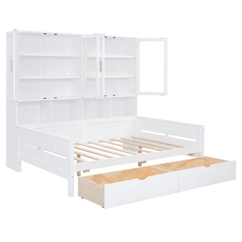 Full Size Wooden Daybed with Glass-Door LED Cabinet & Shelves - 600LB Capacity