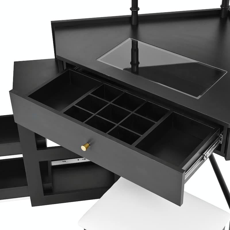 Triangle Makeup Desk with Removable Pull-Out Side Cabinet, Glass Tabletop Makeup Vanity with Drawer and Shelf