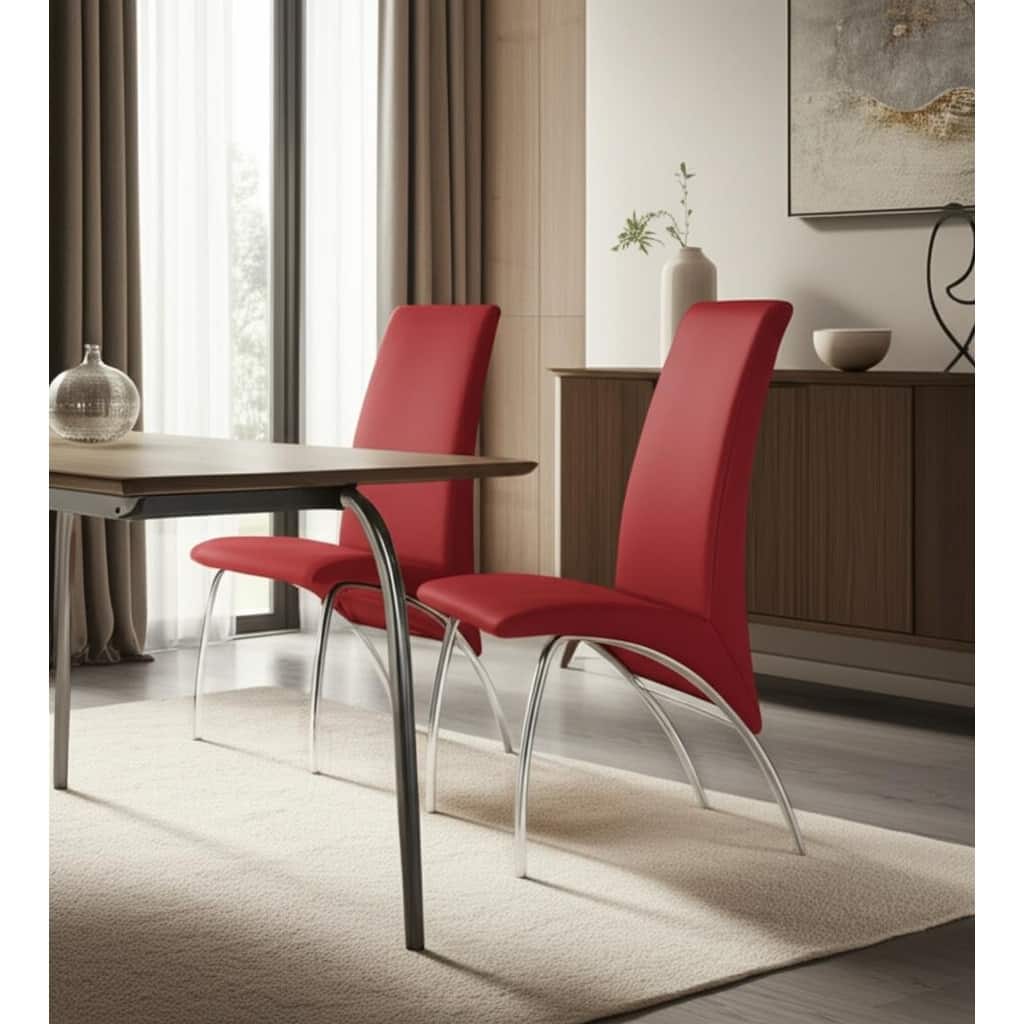 HomeRoots Set of Two Red and Silver Upholstered Faux Leather Dining Side Chairs - 17.00 in. x 36.00 in. x 24.50 in.