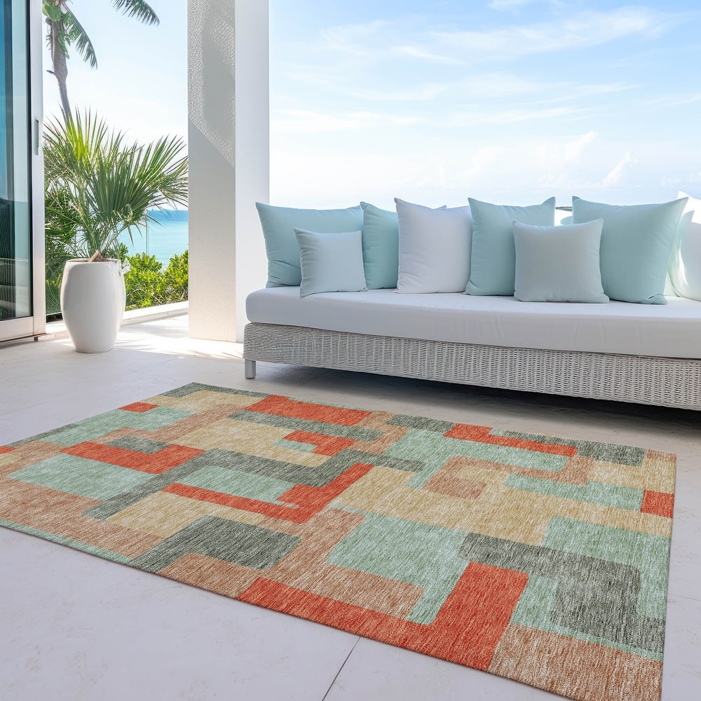 Machine Washable Indoor/ Outdoor Contempoary Blocks Chantille Rug