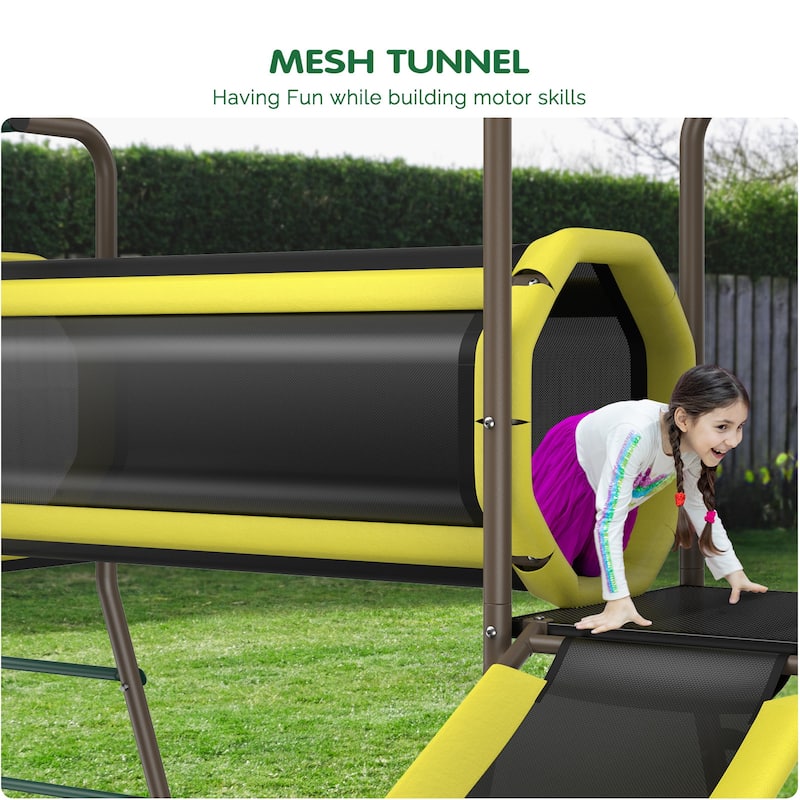Hapfan 660lbs 5 in 1 Metal Swing Set with Slide Monkey Bars Crawl Tunnel and Trapeze Bar for Kids Outdoor Backyard Playset