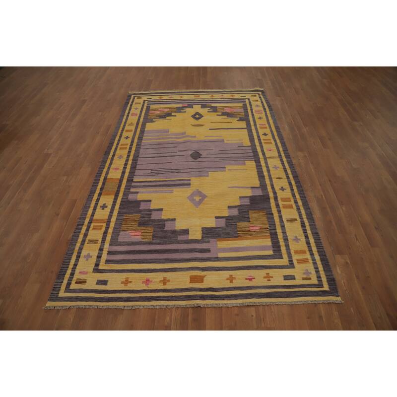 Hand Woven Oriental 100% Wool Carpet Southwestern Tribal Yellow & Gold Kilim Area Rug - 8' 0'' X 5' 0''