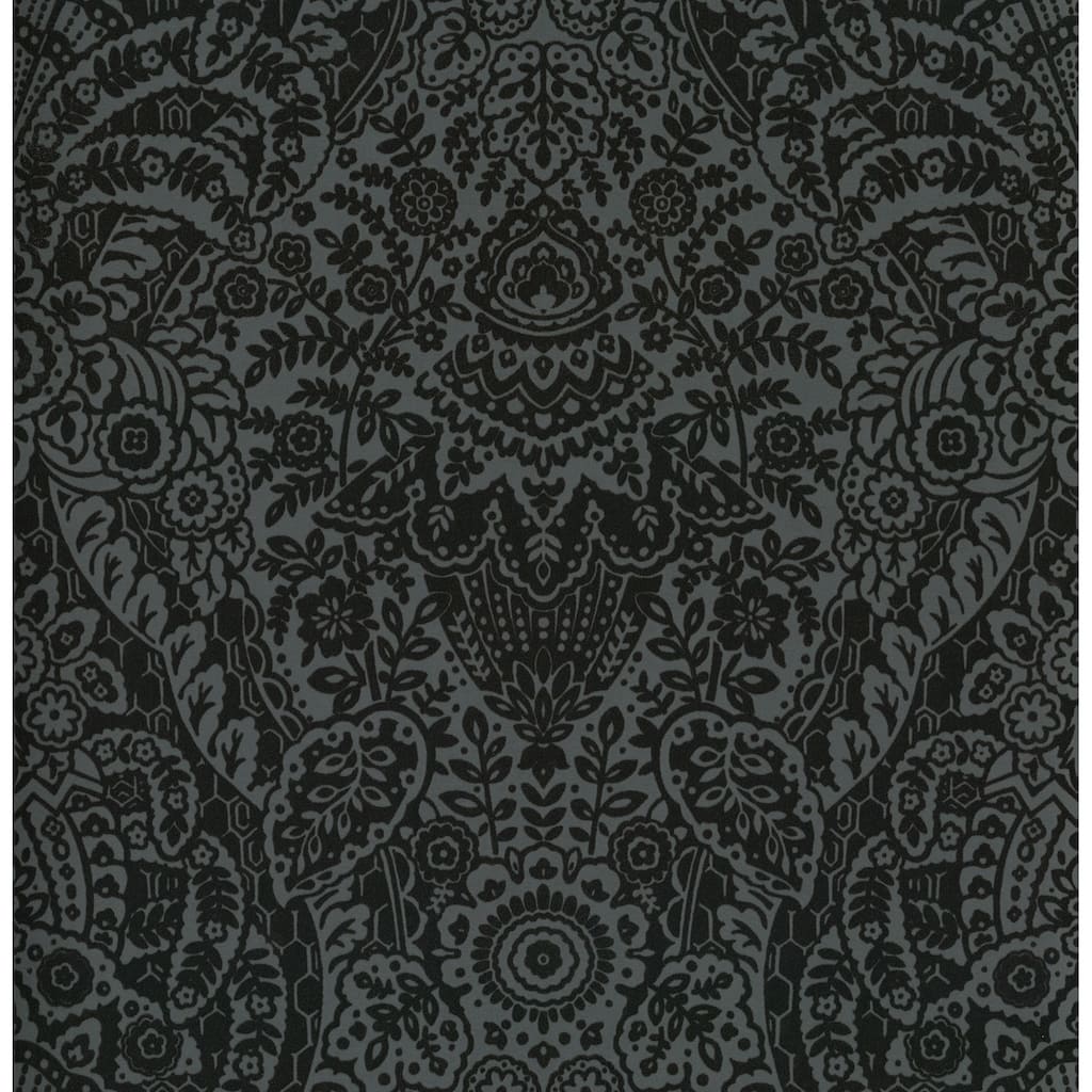 A-Street Prints Maris Charcoal Flock Damask Wallpaper