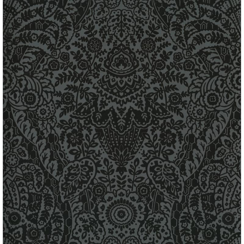 A-Street Prints Maris Charcoal Flock Damask Wallpaper