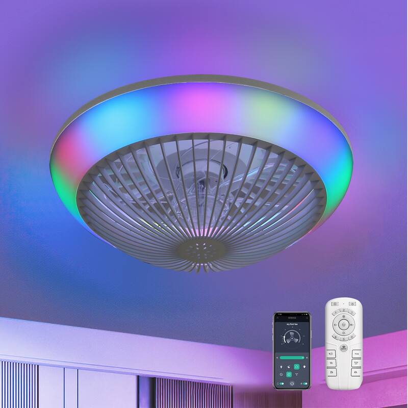 15"/19''/20"/42" RGB Color Dimmable LED Ceiling Fan with APP & Remote Control 6 Wind Speed, with Bluetooth Speaker Optional - 15 Inches - White