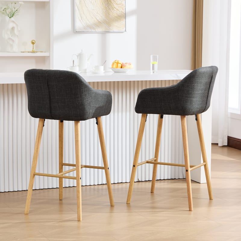 Modern Bar Stools Set of 2, Kitchen Island Tall Chairs with Back, Arm, Footrest and Solid Wood Leg, Upholstered Bar Stools