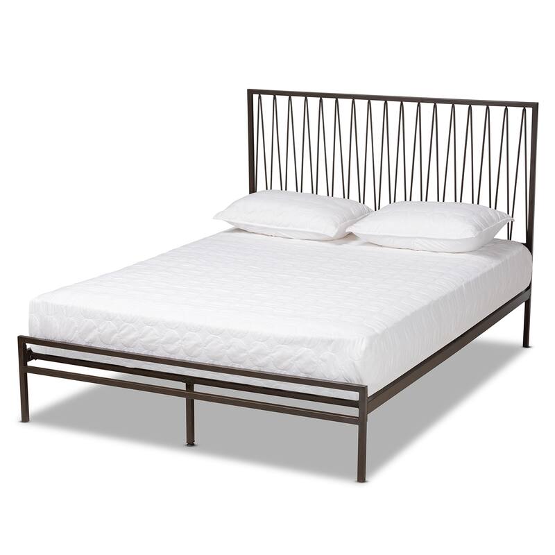 Modern Metal Platform Bed - Full Size, Black Finish, Geometric Headboard, Easy Assembly