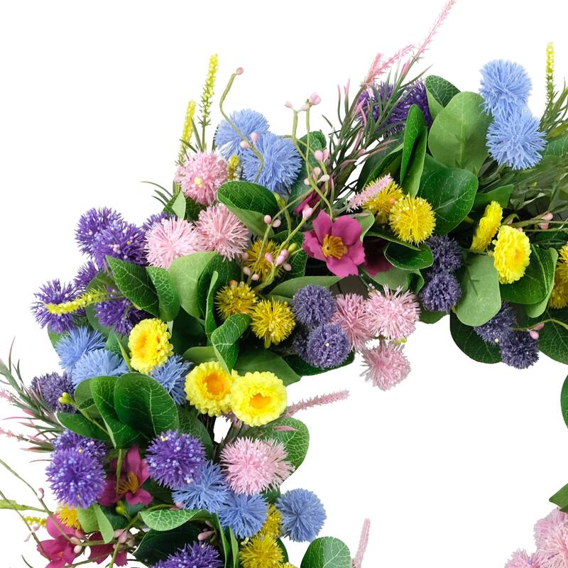 Echinops and Chrysanthemums Floral Artificial Spring Wreath - 24" - Yellow