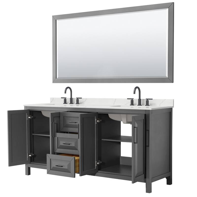 Daria 72-inch Double Vanity, 3 Hole Quartz Top, 70-inch Mirror