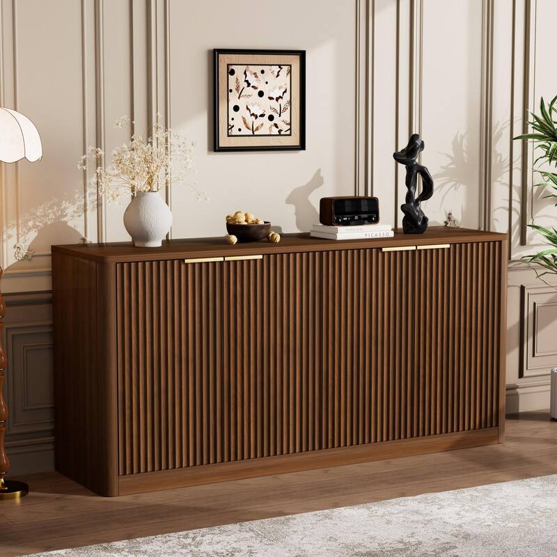 Anmytek 59 Inch Fluted Sideboard with Adjustable Shelves and Gold Handles Walnut Finish Buffet Cabinet