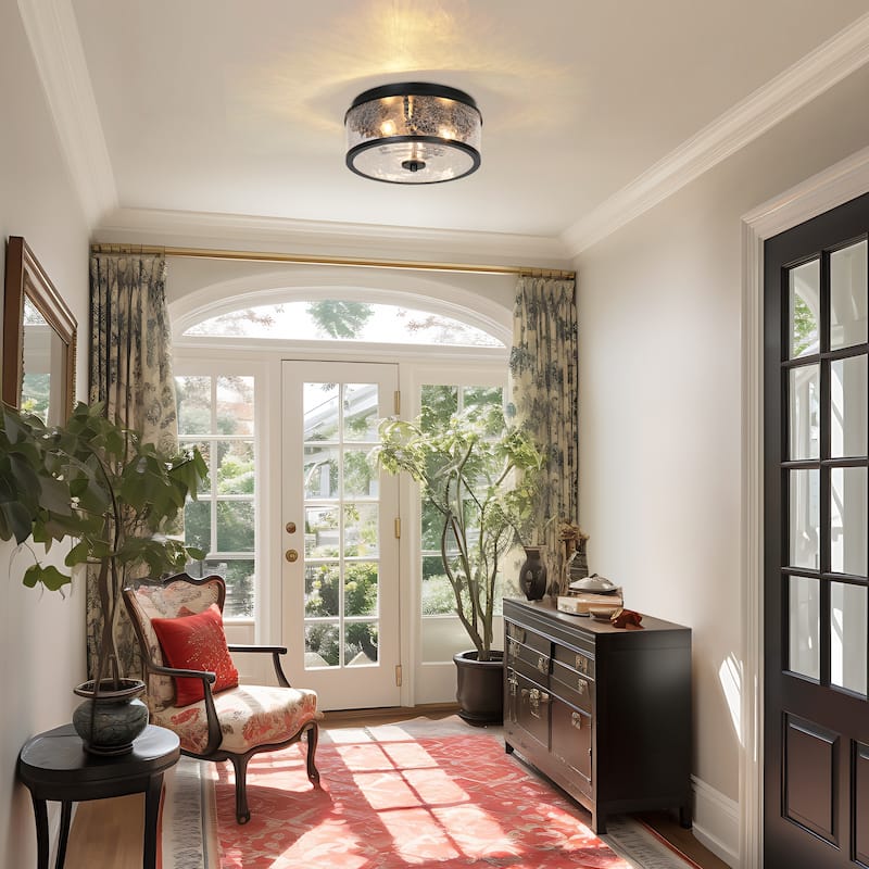 3-Light Modern Farmhouse Black Gold Drum Flush Mount Ceiling Light with Glass Shade - D12"×H6"