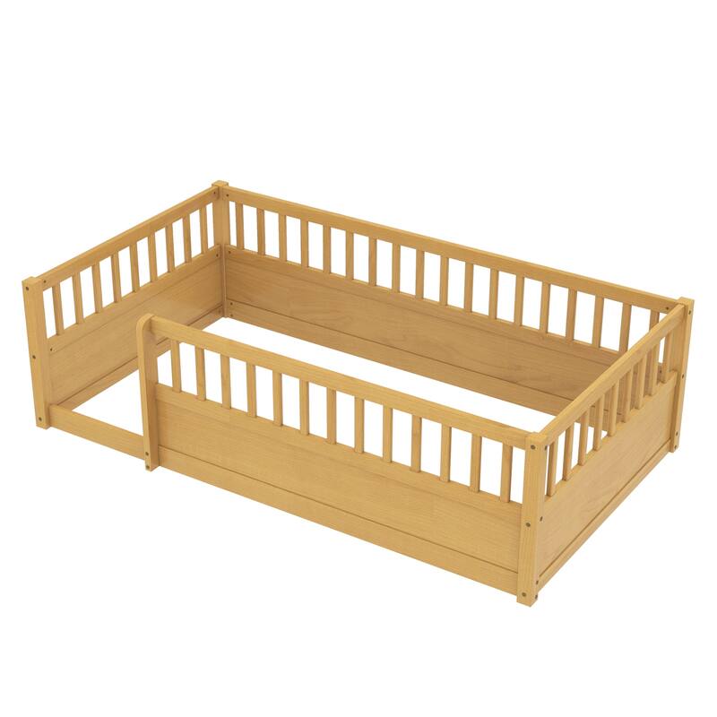Twin Wooden Floor Bed with Fence for Kids, Natural Pine Frame for Bedroom or Playroom