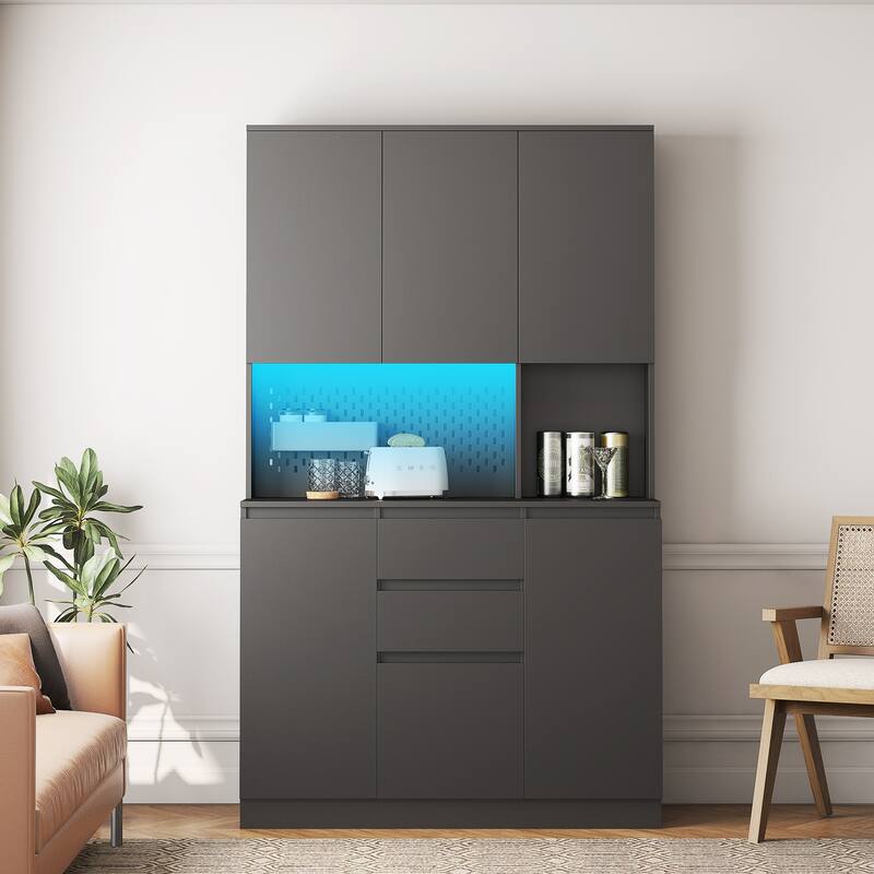 Roomfitters 74" Kitchen Pantry Cabinet with Charging Station & USB Ports, Large Food Storage Cupboard, Microwave Stand - Black