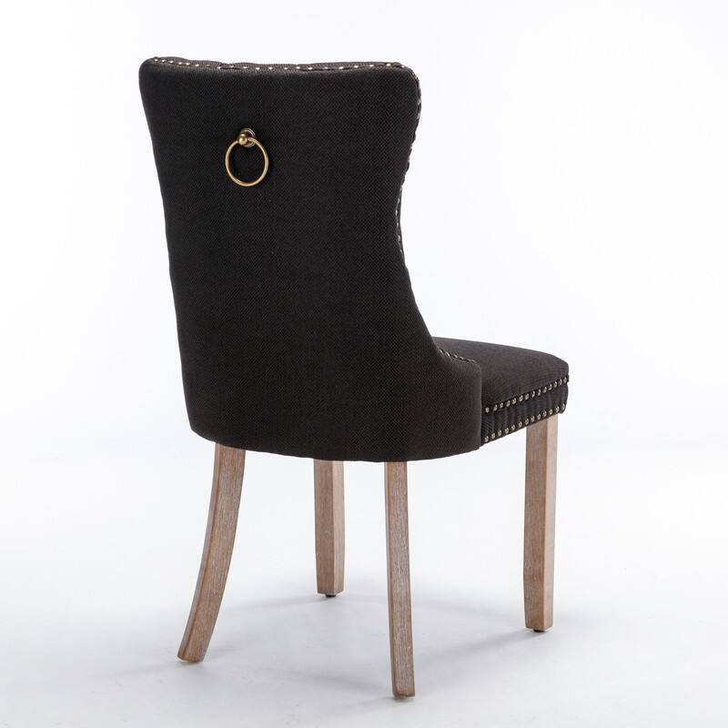 High-end Tufted Solid Wood Contemporary Flax Upholstered Dining Chair with Wood Legs Nailhead Trim 2-Pcs Set