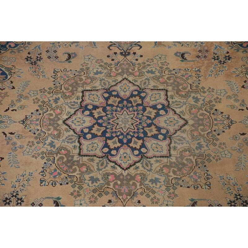 Vintage Distressed Mashad Persian Area Rug Hand-knotted Wool Carpet - 7'11" x 11'1"