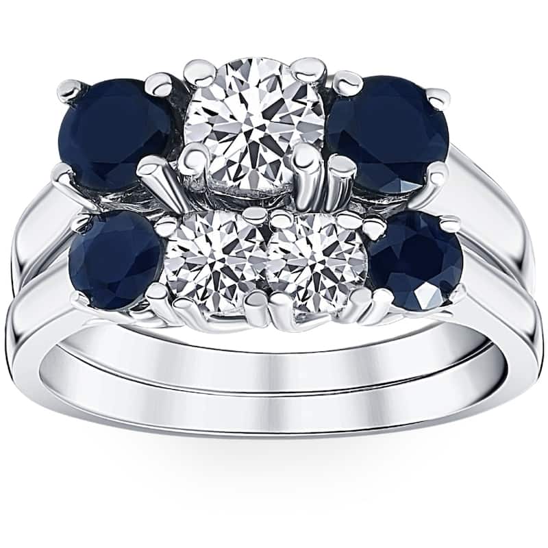2 3/4ct Treated Blue Sapphire & Diamond Three Stone Ring Set White Gold