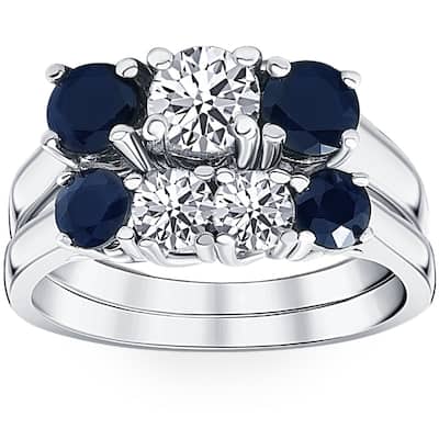 2 3/4ct Treated Blue Sapphire & Diamond Three Stone Ring Set White Gold