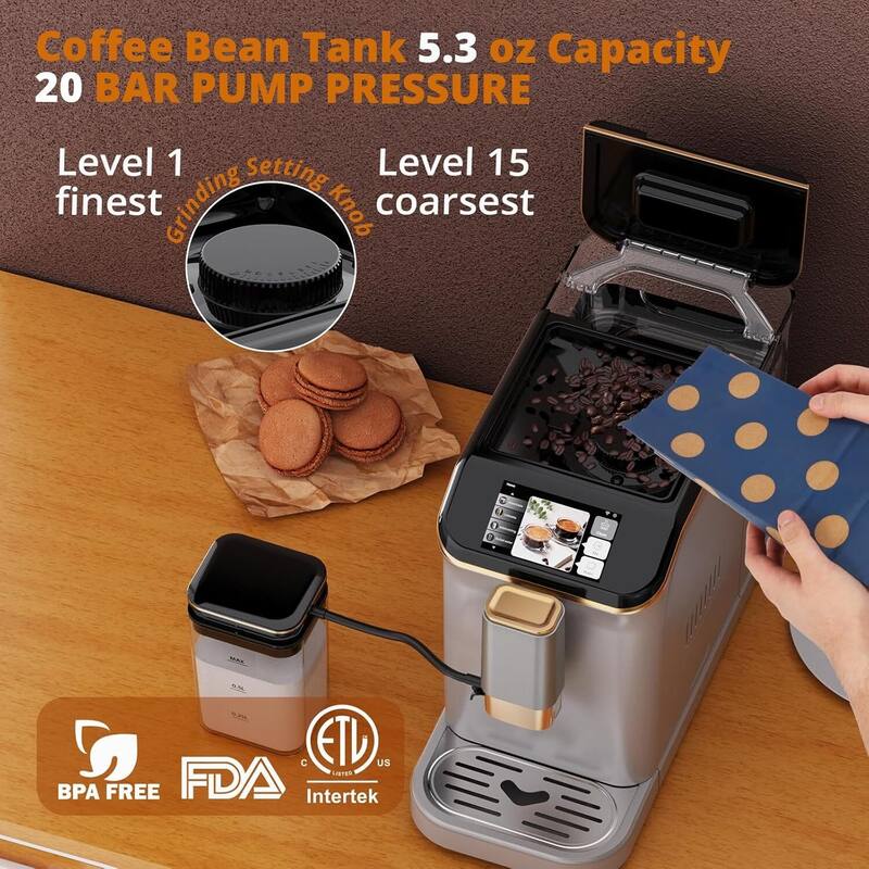 Automatic Espresso & Coffee Machine with with Grinder & Milk Frother, Silver + Gold