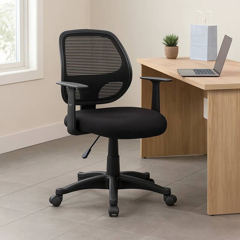 Maya Rolling Office Chair with T-Arms, Black Mesh, Foam Padding
