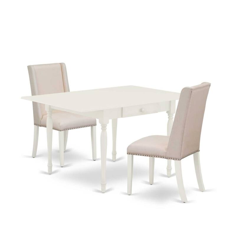 HomeStock 3-Piece Linen White Finish Rectangular Solid Wood Top with Dropleaf Dining Table Set