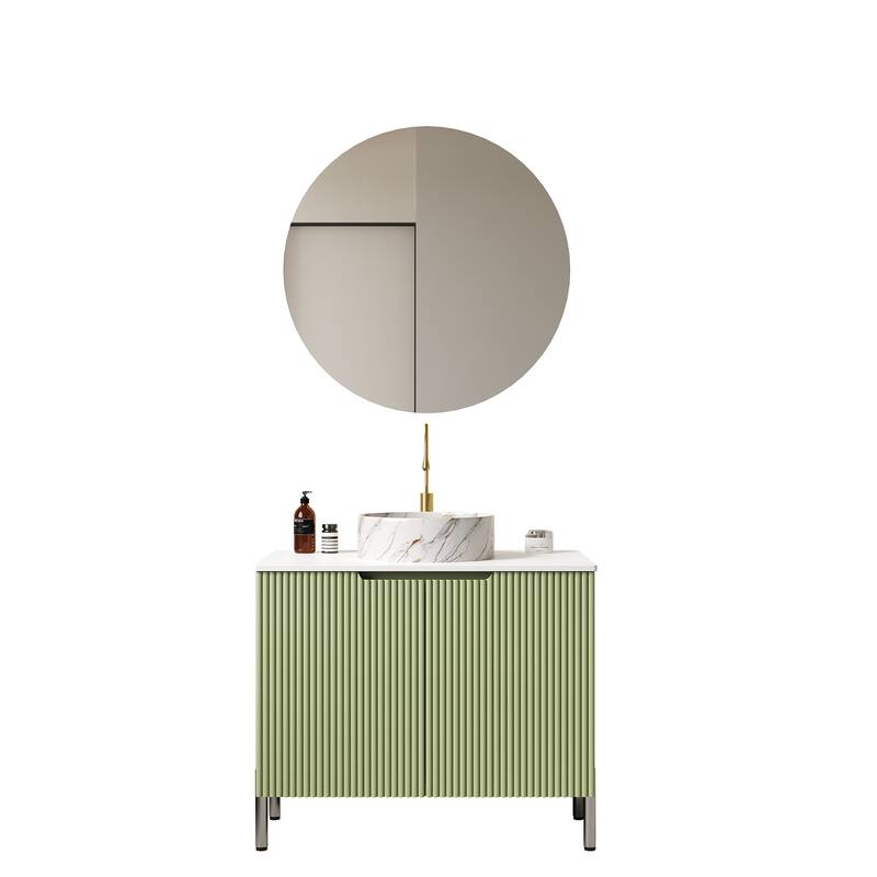 Stylish Striped Double Doors Storage Cabinet Bathroom Vanity with Round Stone Pattern Ceramic Basin and Carrara White Countertop