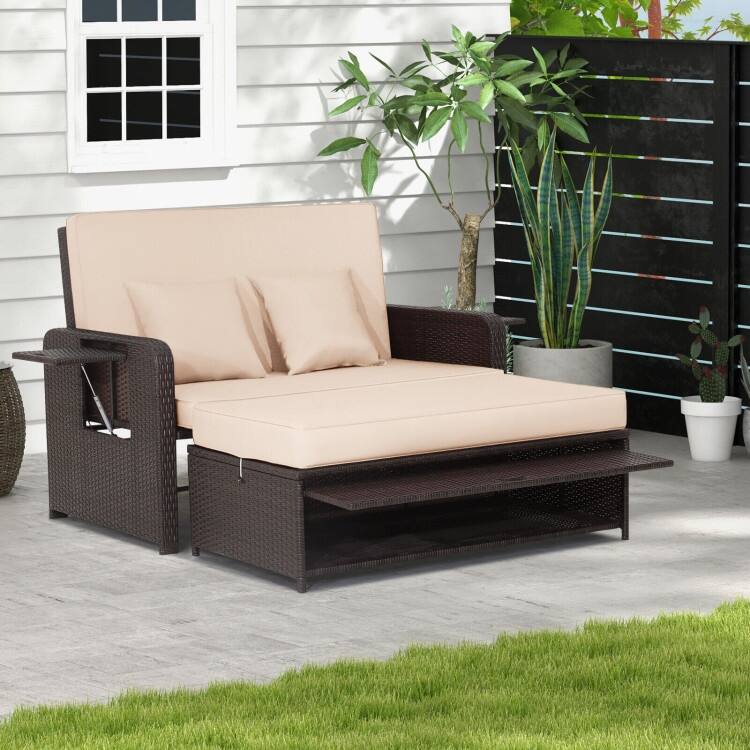 Patio Rattan Daybed with 4-Level Adjustable Backrest and Retractable Side Tray - 31" x 67" x 36"