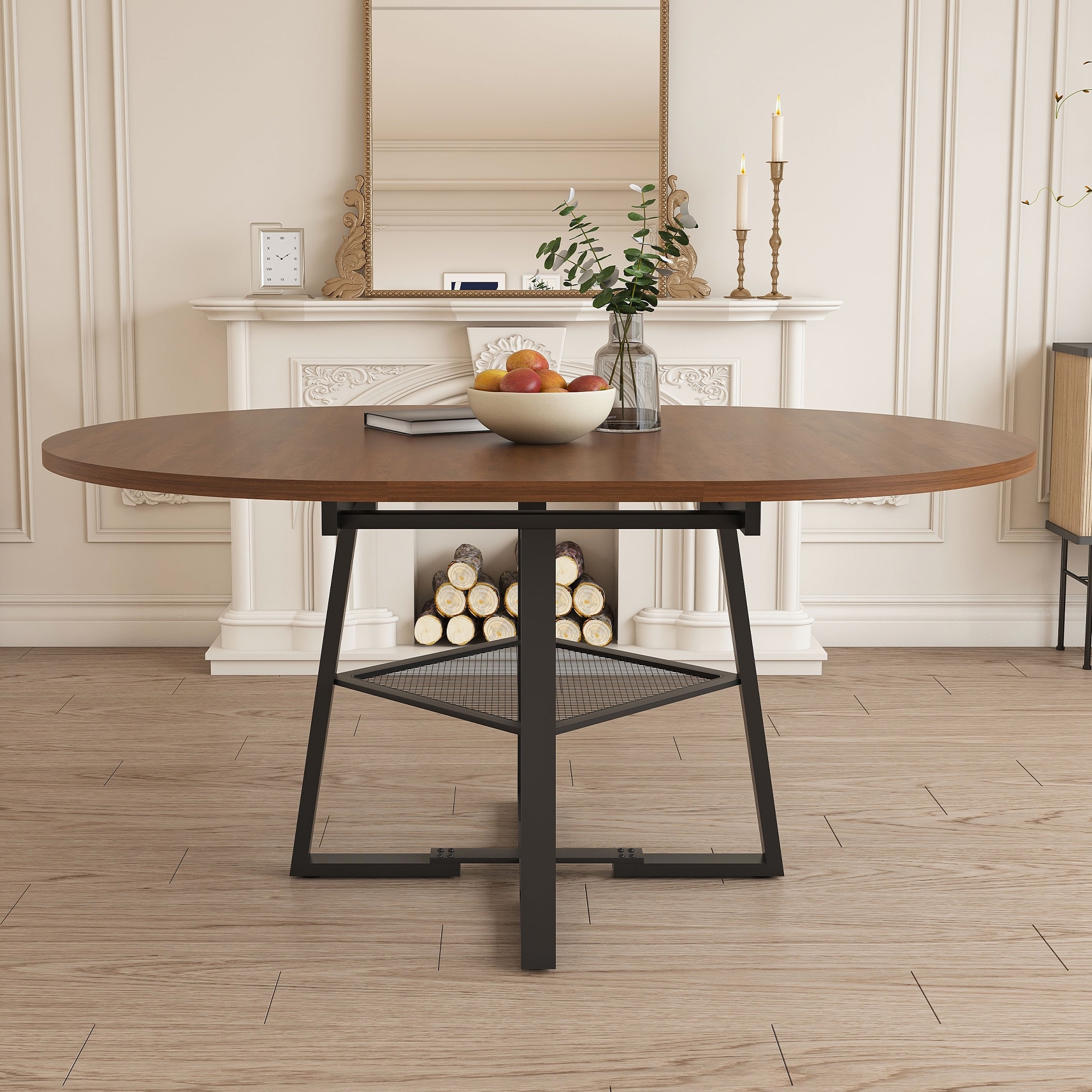 47 Inch Extendable Round Dining Table For 4-8 With Storage, Circle Dining Table With Metal Frame & Thickened Top