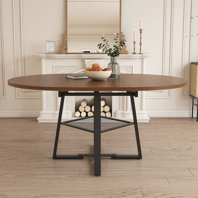 47 Inch Extendable Round Dining Table for 4-8 with Storage, Walnut Finish Circle Dining Table with Metal Frame