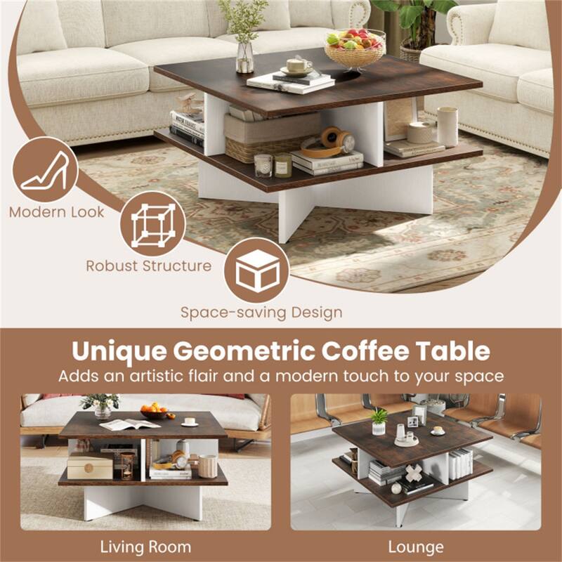 2-Tier 24” Square Wooden Living Room Coffee Table with 4 Storage Compartments and Cross Base - 24" x 24" x 13"