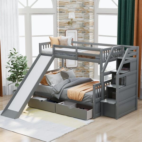 slide 2 of 24, Twin over Full Bunk Bed with Slide, Drawers, Storage Grids & Guardrails, Space-Saving Design, Interchangeable Ladder, Grey Grey