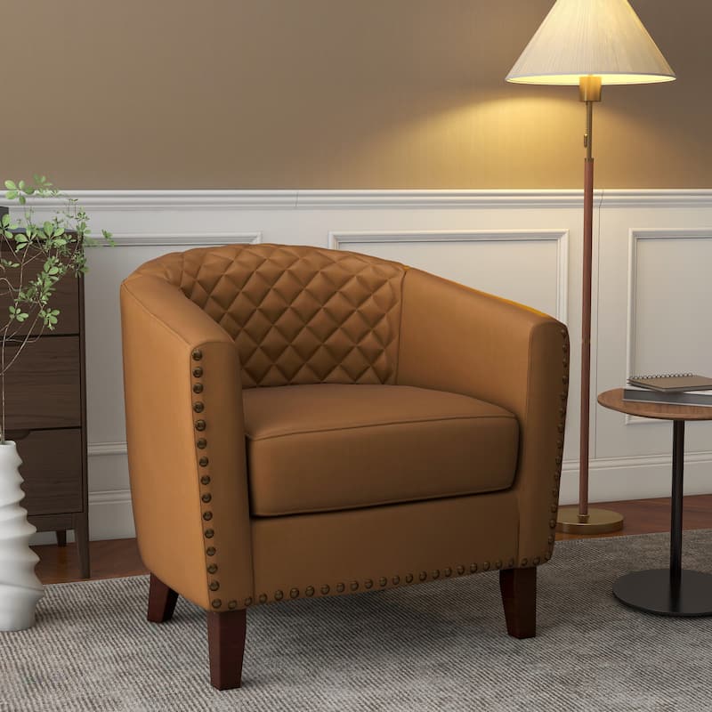 Modern Armchair Faux Leather Nailhead Trim Swivel Accent Chair