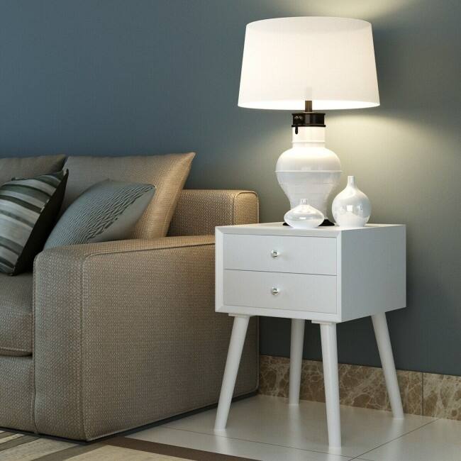 Wooden Nightstand Mid-Century End Side Table with 2 Storage Drawers-White - 16" L x 16" W x 23.5" H