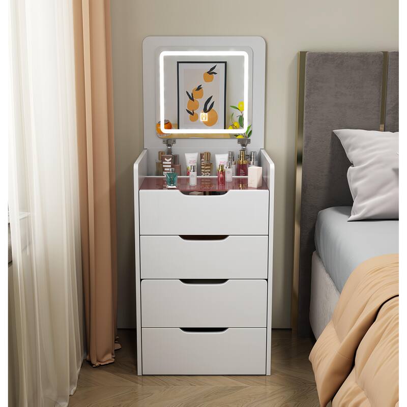 3 in 1 Vanity Desk with Plip Top Mirror,Small Make Up Vanity Set with Visible Glass Desktop, Compact Dressing Table