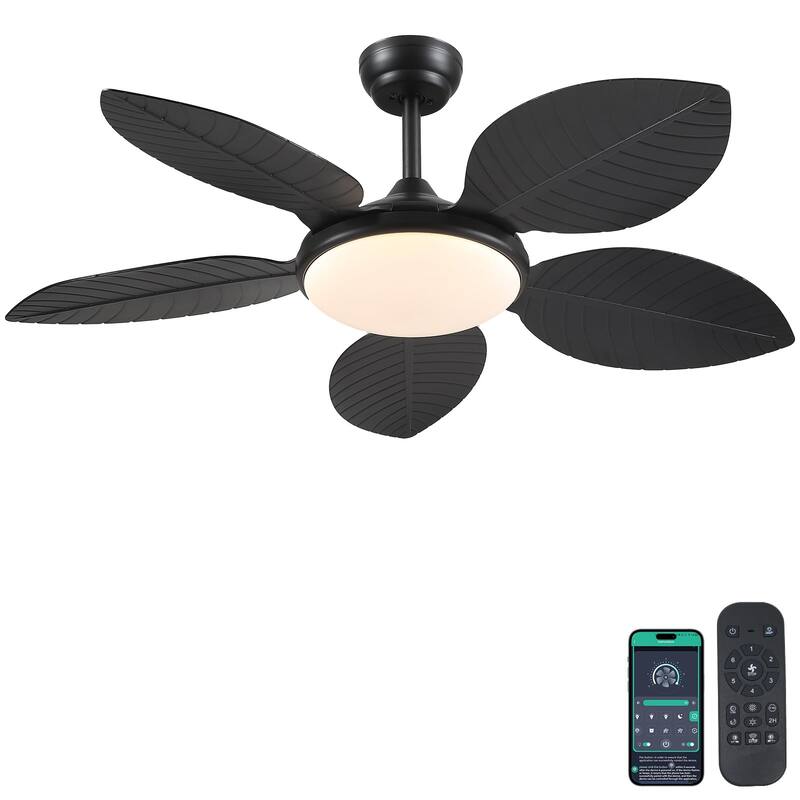 48" Downrod Ceiling Fan with Light,Palm Leaf Blades,Tropical Ceiling Fan for Living Room,Bedroom,Patio - 48 Inches - Black