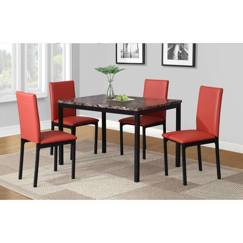 Red Kitchen Dining Table Set Cafe Dining Table Set Rectangular Dining Table Set with Faux Marble Finish Table Top and 4 Chairs
