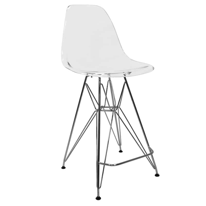 LeisureMod Modern Cresco Acrylic Barstool with Chrome Base and Footrest for Home Bar Restaurant - Clear