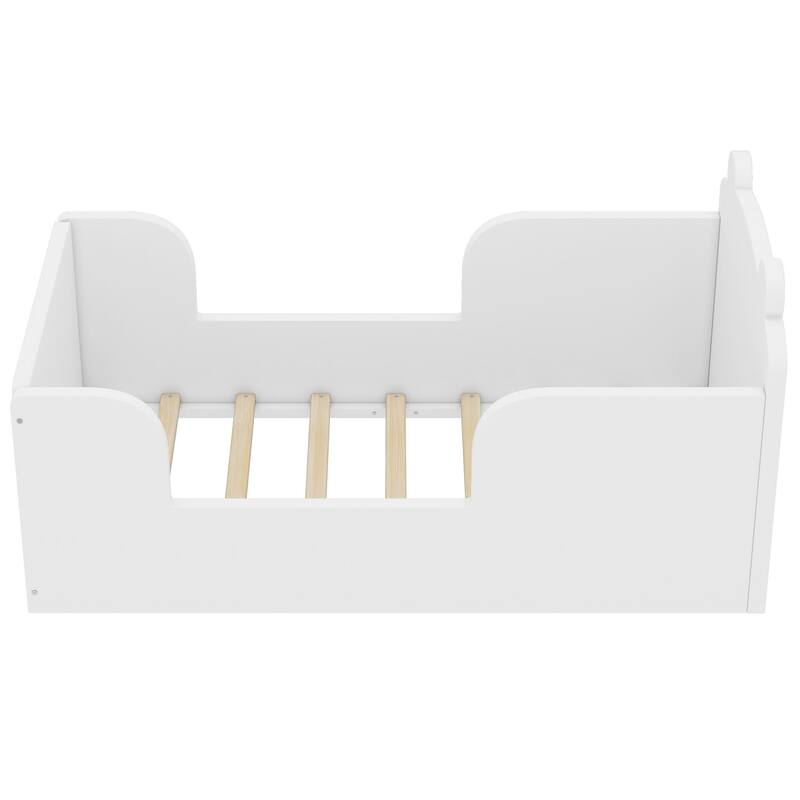 Toddler Floor Bed with Bear-shaped Headboard and Rounded Corners Guardrails for Ages 3-6, Open Baby Platform Bed Frame