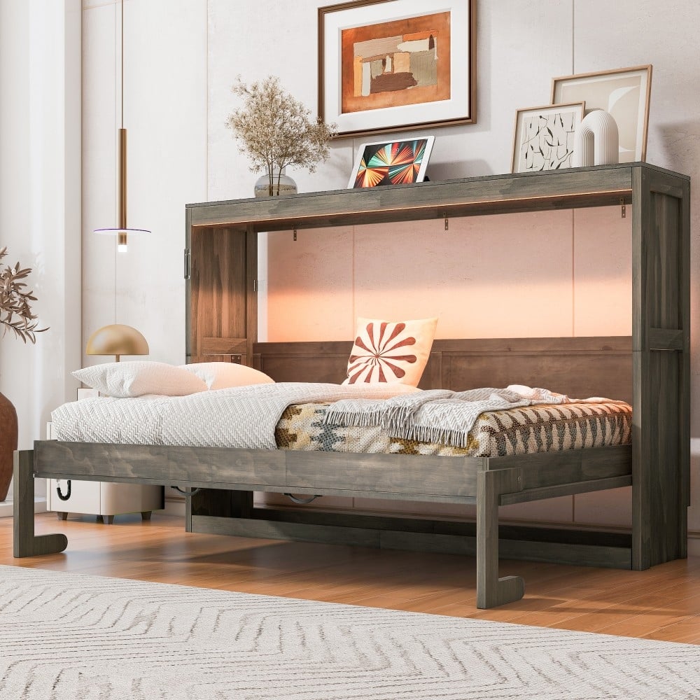 Modern Twin Size Murphy Bed with LED Light can be Folded into A Hidden Cabinet