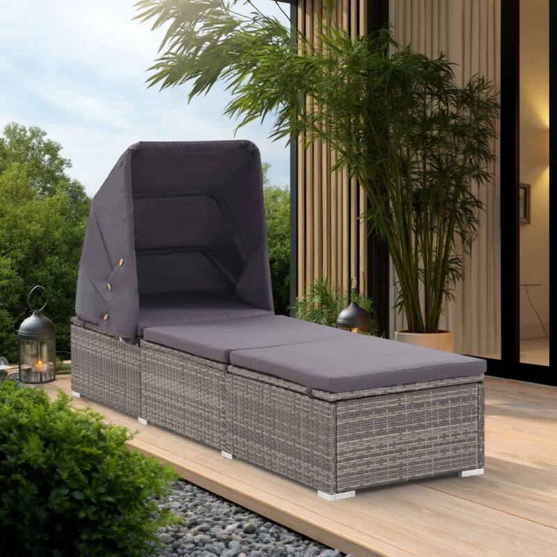 Casey Sun Chaise Lounger with Canopy, Cushion, Gray Rattan, 77 Inch