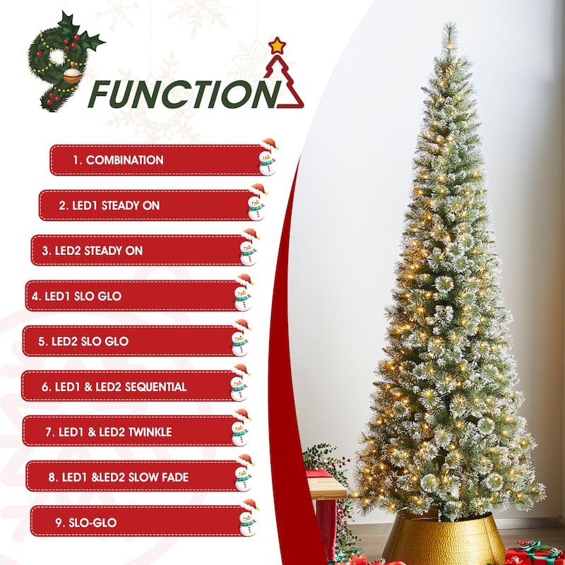 Glitzhome 7.5/9/11ft Pre-Lit Flocked Warm White & Multi-color Artificial Christmas Tree with Remote Controller