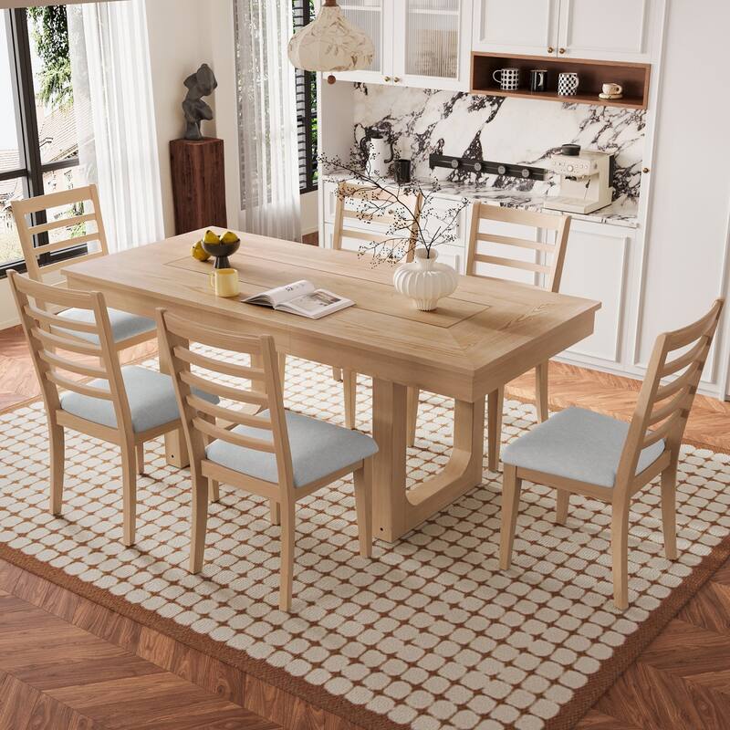 5/7-Piece Set, 60-78" Extendable Dining Table with Upholstered Chairs - 7-Piece - Natural