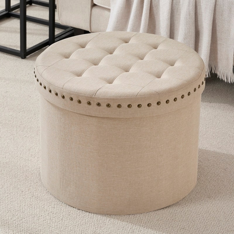 Ornavo Home Decor Large 20" Round Collapsible Storage Ottoman with Nailhead Trim for Living Room and Bedroom - Beige