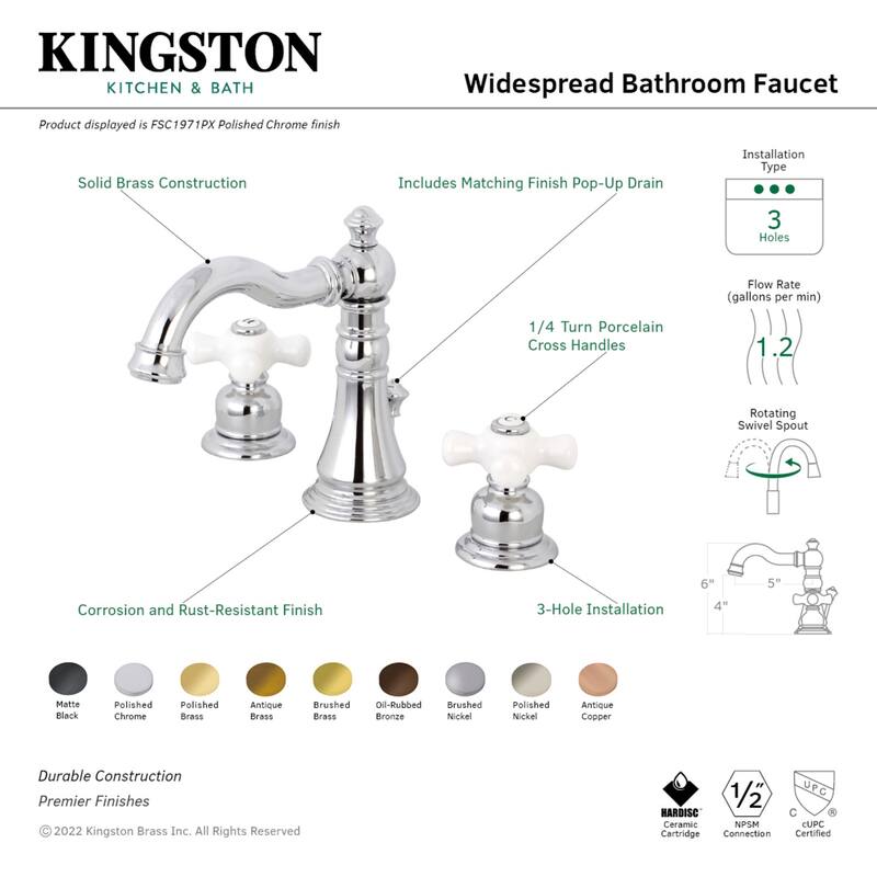Kingston Brass American Classic Two-Handle 3-Hole Deck Mount Widespread Bathroom Faucet with Pop-Up Drain