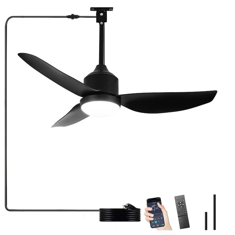Outdoor Ceiling Fan with Light: 42-52 Inch Hanging - Plug in Waterproof Fans for Patio - Dimmable Remote App Control Black - Black - 42in