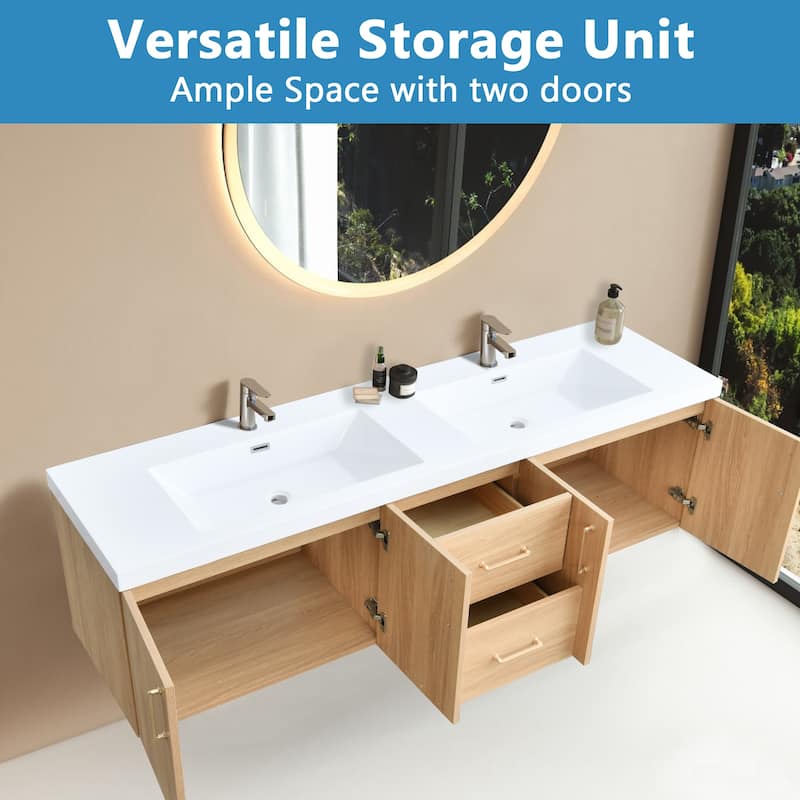 AlbyonD 72" 84" Floating Bathroom Vanity with Sink and Faucet, Natural Oak