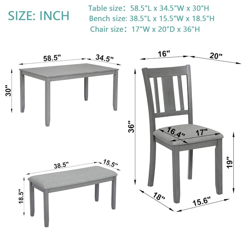 Modern 6-Piece Dining Set with Rectangular Wooden Table, 4 Upholstered Chairs & Bench