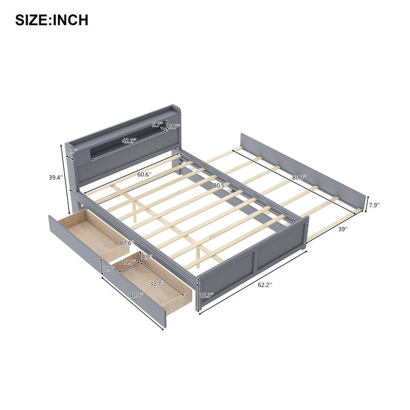 Queen Size Platform Bed with LED Headboard, Trundle & Drawers